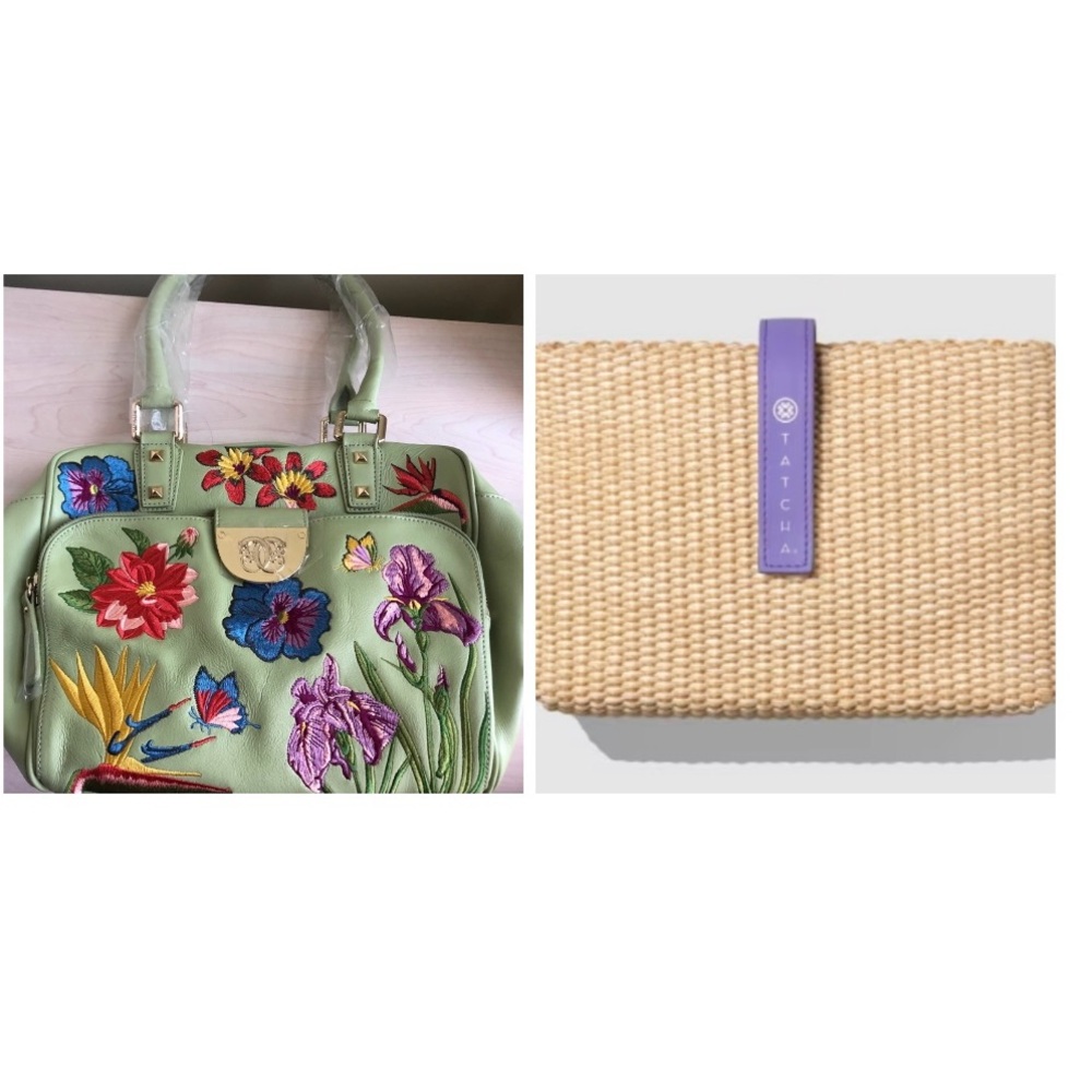 Sale! New Sharif Celadon Leather Embroidered Floral Bag & Tatcha Raffia Bag